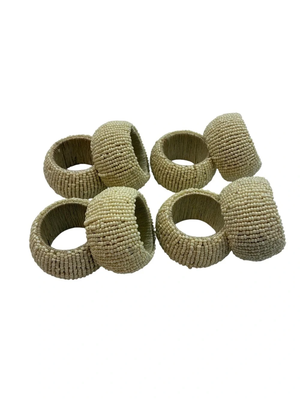 Boho Cream Beaded Napkin Rings Set of 8 Off-White Coastal Table Decor Woven